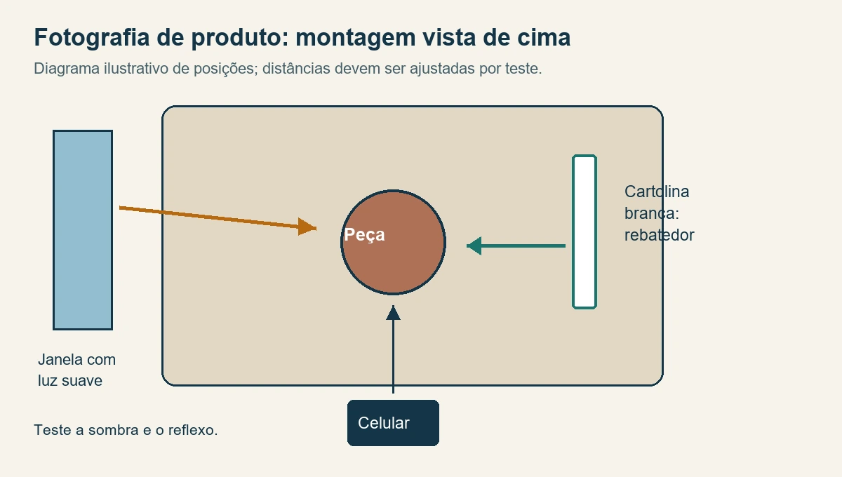 Vista de cima da montagem: janela à esquerda, produto ao centro, rebatedor à direita e celular à frente