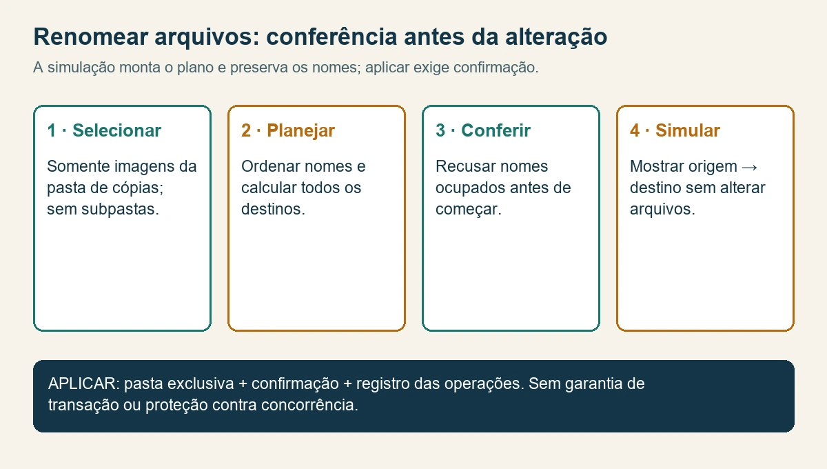 Fluxo do programa: selecionar arquivos, montar plano, conferir conflitos, simular e aplicar com registro